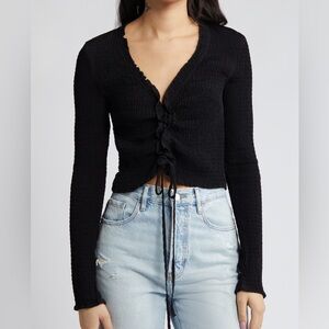 ✨NWT Topshop Black Ruched Long Sleeve Lace-Up Top V Neck Minimalist Going Out